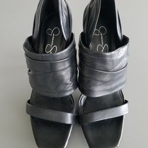 Black Leather Platform Heeled Sandals w/ Zip Back